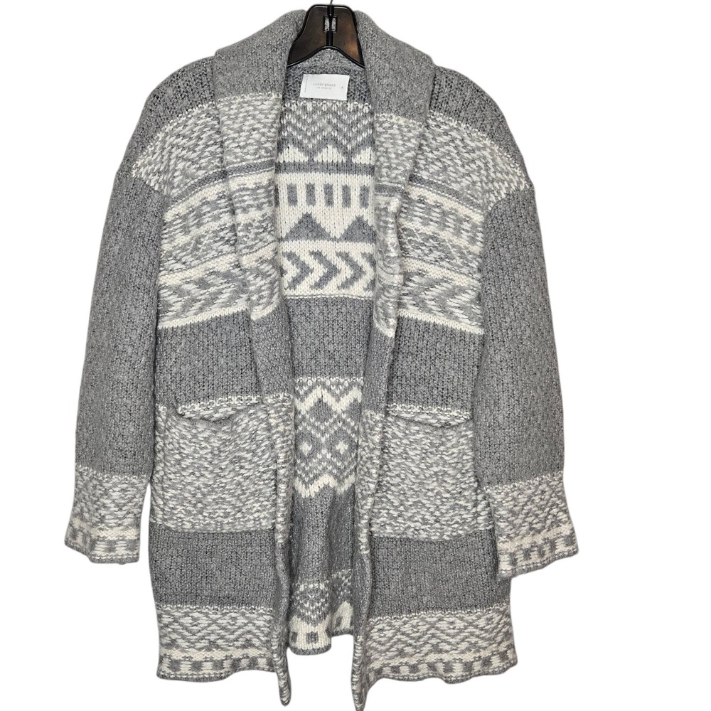 Lucky Brand Gray Fair Isle Cardigan Sweater Coatigan Wool Blend Cozy Heavy Thick